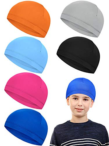 Geyoga 6 Pcs Skull Cap for Kids Helmet Liner Youth Wave Cap for Sport Football Basketball Ski Cycling Outdoor Activities(Light Color,M (7-12 Years) Sky Blue