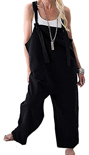 YILEEGOO Cotton Linen Dungarees for Women, Ladies Casual Overalls Baggy Wide Leg Pants Jumpsuit Playsuit