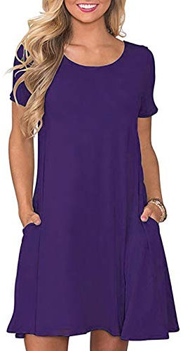CHERFLY Donna Vestito Estivo Casual Abito Mini Maglietta T-Shirt Manica Corta con Tasche (Viola,L)