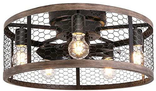 Ohniyou Ventilador de techo de montaje empotrado de 20 pulgadas con luces y mando a distancia, pequeño ventilador de techo de granja vintage de perfil bajo cerrado para dormitorio comedor