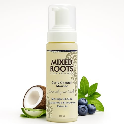 Mixed Roots Curly Cocktail Mousse 236 ml, Moringa, Coconut, Aloe Vera & Blueberry – Light Hold, Alcohol‑Free Curl Definer for Frizz Control, Soft Shine & Natural Texture