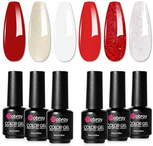 Mobray Gel Nail Polish Set - 6 Color Gel Nail Varnish Kit for Salon DIY Winter Nail Art, Soak Off U.V./LED Shellac Nail Polish Kit, Red, White, Silver Glitter