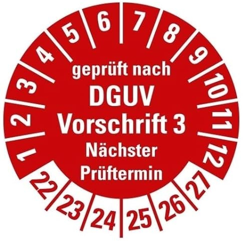 100 Stück – Mehrjahresprüfplakette „geprüft DGUV Vorschrift 3 Nächster Prüftermin 22-27“ Etikett Folie Aufkleber, rot | Ø15-40mm Made in Germany, Größe: Ø15 mm