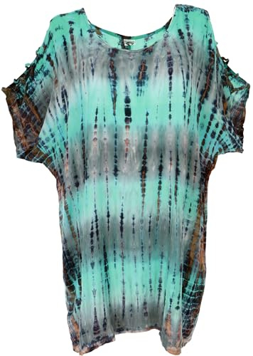 GURU SHOP Schulterfreies Batikdress, Cold Shoulder Tunika, Strandkleid, Weites Minikleid, Bigshirt - Türkis, Damen