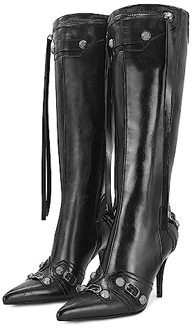 Dsevht Damen Stiletto Schwarz Kniehohe Stiefel Sexy Spitze Stiefel Mode Trendy High Heel Stiefel Reißverschluss, Schwarz, 37.5 EU