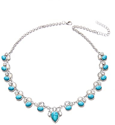 fdsmall Halsketten für Frauen Boho Vintage Statement Silber Türkis Opal Teardrop Perlen Anhänger Choker Kette Halsketten Schmuck Geschenke für Dame und Mädchen
