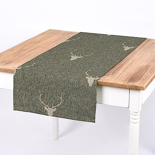 SCHÖNER LEBEN. Tischläufer Jacquard Hirschkopf Geweih grün beige