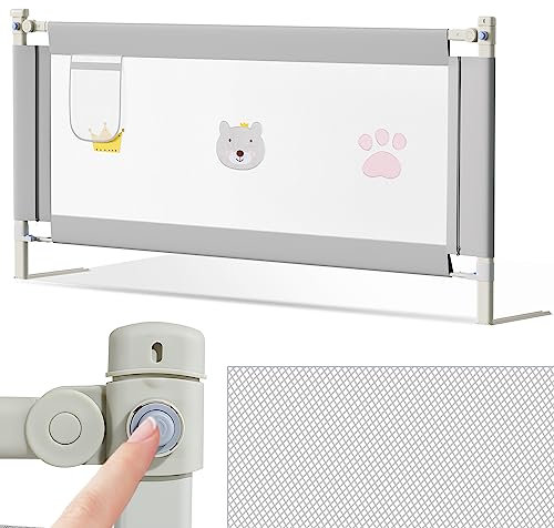 Cecaylie Bettgitter 150cm, Höhenverstellbar 70-98 cm, Rausfallschutz Bett für Kinder, Babybettgitter für Kleinkinder, Bed Rail stabile Bauweise, Kinderbettgitter mit luftiges Netz, Grau