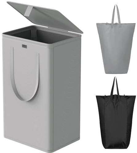 WOWLIVE Wowlive 100L laundry Basket with Lid, Large Foldable laundry bin Organizer with 2 Removable and Washable Inner Bags and Handles, Washing Basket for Laundry, Laundry Hmaper for Bedroom, Grey