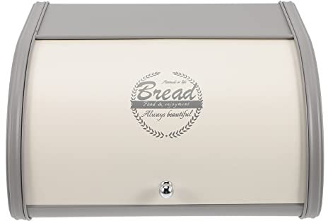 BESTonZON Farmhouse Bread Box Metal Roll Top Bread Bin White and Grey for Kitchen Countertop Corner Storage Container