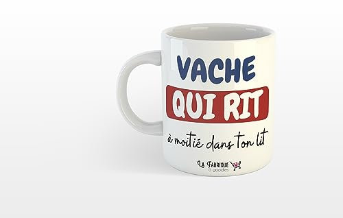 La Fabrique à Goodies Mug, tasse Vache qui rit, à moitié dans ton lit. Mug Humour Message Drôle Idée Cadeau Goodies Souvenir St Valentin Phrase culte Noël Anniversaire
