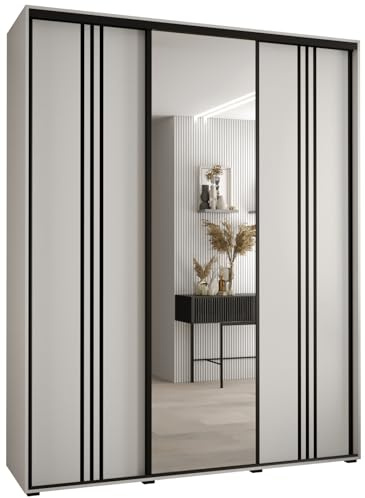 MEBLE KRYSPOL Davos 7 200 Schlafzimmerschrank mit DREI Schiebetüren - Moderner Aufbewahrungsschrank mit Spiegel, Kleiderstange und Regalen - 235,2x200x60 cm - Weiß Weiß Schwarz