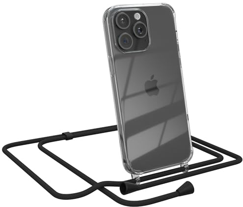 EAZY CASE Handykette kompatibel mit iPhone 15 Pro Max Handyhülle mit Umhängeband, Handykordel mit Schutzhülle, Silikonhülle, Hülle mit Band, Stylische Kette für Smartphones, Schwarz - Clips Schwarz