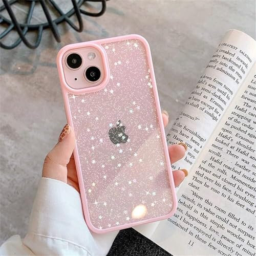 OWM iPhone 15 PLUS Case Clear Back Glitter Bling Star Sparkly Bumper Crystal Shockproof Silicone Slim Phone Cover Women Girls Case for iPhone 15 PLUS (Pink)