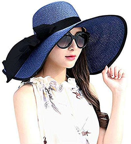 DRESHOW Damen Strohhut mit Breiter Krempe Diskette Faltbare Kappe Strand Sonnenhut UPF 50+