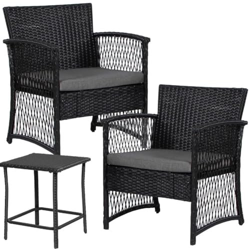 Shally Dogan 3-teiliges Garten-Set aus Polyrattan, mit 2 Stühlen und 1 Tisch, Outdoor-Sessel mit gepolsterten Kissen, Sessel und Lounge-Tisch, ideal für Terrasse, Bistro (Schwarz und Grau)