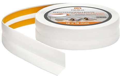 Quest Plinthe Souple Autoadhésive - 15 mm x 15 mm - Bande de finition en PVC pour cuisine, salle de bain - Bande d'étanchéité - Flexible, Etanche, Décorative (Blanc, 15m)