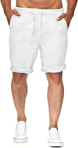 Runcati Bermuda en lin pour homme, court, léger, taille élastique, décontracté, avec 2 poches, pour l'été