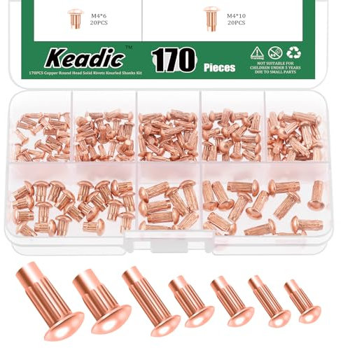 Keadic 170 pezzi M2/M2,5/M3/M4 x 6/8/10 mm testa solida rivetti in rame set assortimento, rivetti solidi per la riparazione di barche, mobili, elettrici e automobilistici