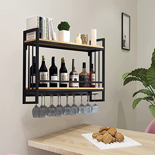 IBOWZ Deckenregal Decken Weinregal Industrielles Weinregal, Wandmontage, rustikaler Weinhalter aus Metall, 2-stufiger Wandhalter für Weingläser, Holzregale, Wandregal für Bar, Restaurants, Küche