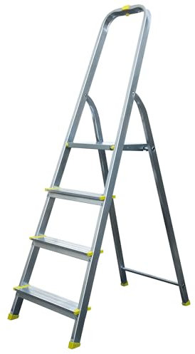 Bayersystem BS-DA4-H Trittleiter mit 4 Stufen, Aluleiter, bis 150 kg, max. Arbeitshöhe 2,78 m, Klapptrittleiter mit Handlauf, Anti-Rutsch-Füße, Klapptritt für Haushalt, inkl. Eimerhaken, Silber/Gelb