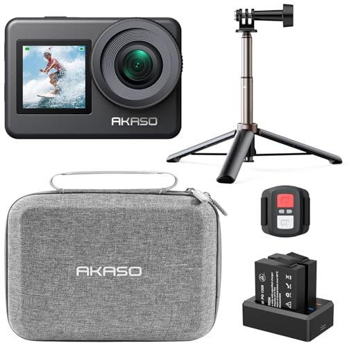 AKASO Brave 7 Action Camera Selfie Stick Bundle - Includes Brave 7 Underwater Camera, Native 4K EIS 2.0 Dual Screen, Selfie Stick, 2 Batteries, Carrying Case, and Accessory Kits