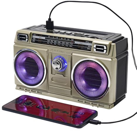 Tragbarer AM-FM-Radio, Doppel-Lautsprecher, buntes Licht, Outdoor, Bluetooth, Boombox, wiederaufladbar, batteriebetrieben, Retro-Straßenlautsprecher