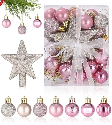 30 Stück Mini Weihnachtskugeln, 3CM Christbaumkugeln Kunststoff, Mini Weihnachtsdeko Kugeln Rosa & Gold, Tisch-Weihnachtsbaum Dekorationsset, Weihnachtskugeln Set (Rosa)