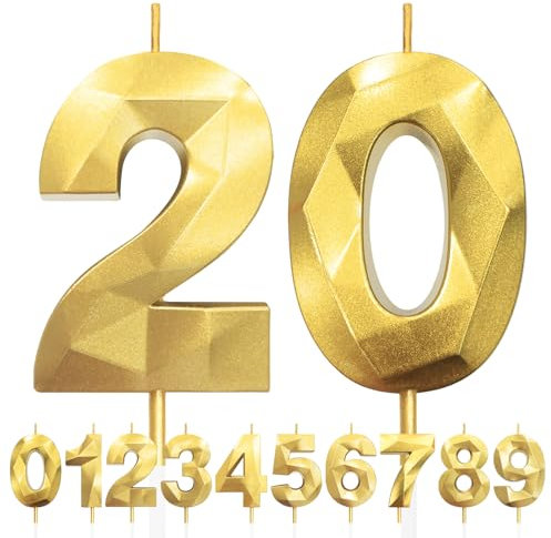 Geburtstagskerzen Zahlen 20, 5cm 3D Gold Geburtstagskerzen, Kerzen Geburtstag, Zahlenförmige Kerze, Tortendeko Geburtstag für Geburtstag Party, Hochzeiten, Jubiläen, Birthday Candle Nummer 20