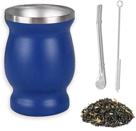 Set Mate, Juego de Taza de Mate de 230ml, Taza de Mate de Acero Inoxidable, Taza Fácil de Limpiar, con Pajita y Cepillo de Limpieza, Regalos para Familiares y Amigos, para Tomar Mate, Azul