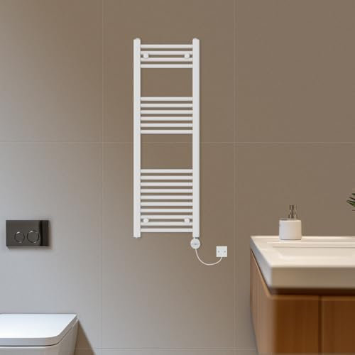 NRG 1200x400mm Prefilled Electric Thermostatic Heated Towel Rail Straight Bathroom Warmer with Touch Screen Display Wall Mounted White 600W