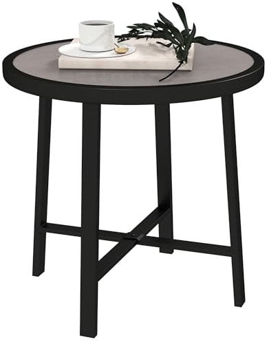 Outsunny Mesa de jardín pequeña redonda, mesa auxiliar de 50,5 cm para exteriores con tablero SPC, marco de metal y almohadillas antideslizantes para jardín, balcón, efecto madera gris