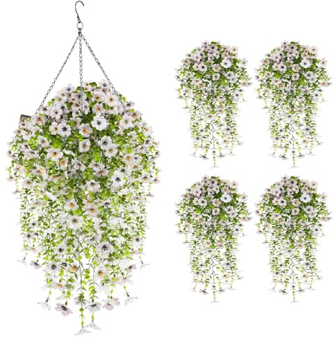 EUWLY Fiori artificiali sospesi e piante artificiali per esterni, fiori di viticcio viola seta per la decorazione di interni ed esterni, resistenti ai raggi UV, per verande, case, terrazze (4, bianco)