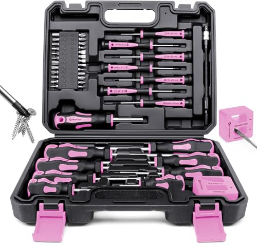 Magnetic Screwdrivers Set with Case, Amartisan 43-piece Includs Slotted, Phillips, Hex, Pozidriv,Torx and Precision Screwdriver Set, Magnetizer Demagnetizer Tools, Tools for Men (Pink))