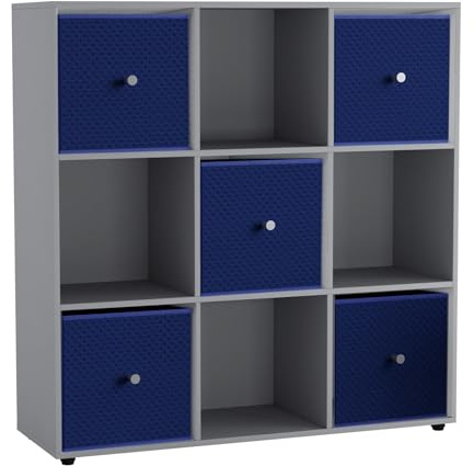 URBNLIVING 9 Cube Storage Unit with 5 Foldable Fabric Drawers, Wooden Freestanding Bookcase Shelf Organiser, Modern Cube Shelving for Bedroom, Office, Living Room, Toys, Clothes & Books