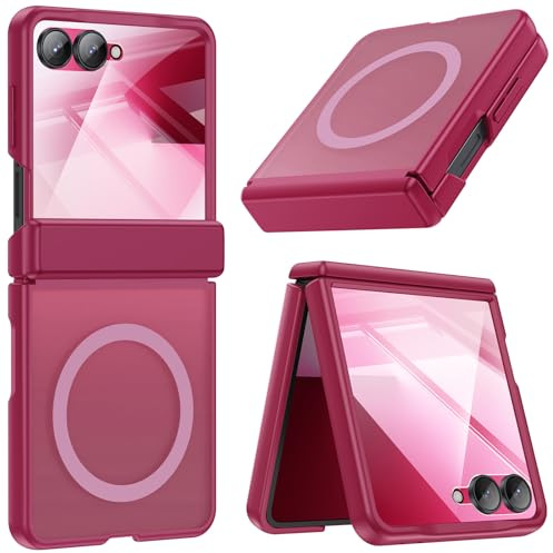 spoovcto für Samsung Galaxy Z Flip 7 Transparente Hülle: Kompatibel mit MagSafe, TPU Heavy Duty Scharnierschutz, 9H Displayschutz, Magnetisch Stoßfest Panzer Schutzhülle für Galaxyu Flip7 2025 Rot