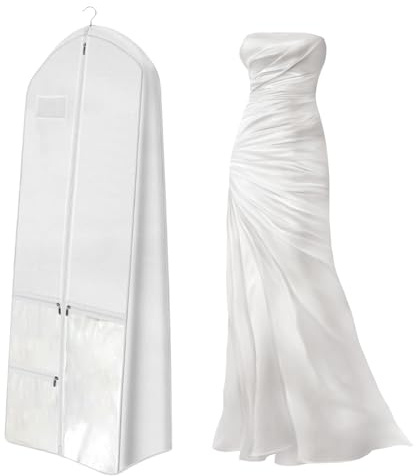 Brautkleidhülle Kleidersack 180cm–Atmungsaktive & Staubdichte Schutzhülle für Hochzeitskleid,Abendkleider,Lange Mäntel | Faltbar mit Reißverschluss & PVC-Taschen | Kleidersack Lang für Schrank/Reisen