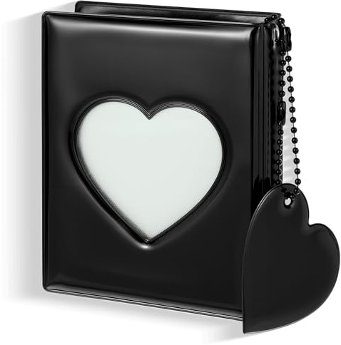 Photocard Binder 3 Zoll Mini Fotoalbum Love Heart Hollow Cute Photocard Holder Portable Binder with Heart Pendant Photo Card Album 32 Pockets (Black)