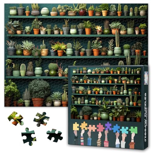 Puzzles for Adults 1000 Piece Jigsaw Puzzle Many Different Cactus in Pots | Screen-free table activity for adults; 1000-piece jigsaw for family nights, gifting, or wall display