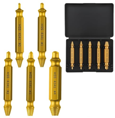 5 Pezzi Rimuovere Vite Danneggiata, Kit Estrattore HSS di Vite Rotta, Estrattore Doppia Testa 0# 1# 2# 3# 4# in Acciaio Rapido per Viti Rotte, Arrugginite, Verniciate o Usee, per Trapani Elettrici