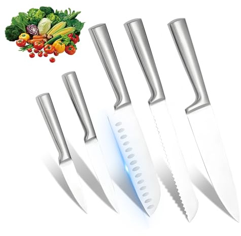 KEPEAK Messer Set 5-tlg, Küchenmesser Set aus Edelstahl, Scharfes, Rutschfester, Ergonomischer Griff - Santoku, Kochmesser, Brotmesser, Universalmesser, Gemüsemesser.