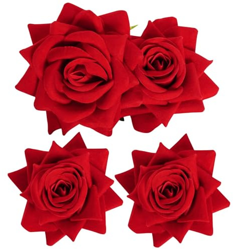 3 Pezzi Fermagli per Capelli con Rosa, Clip a Fiore, Spilla Fiori Capelli, Forcina Spilla Accessori per Ragazze Donna Matrimonio San Valentino Carnevale Spiaggia Festa (Rosso)