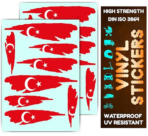 INDIAN STORE 24 Vinyl Sticker Flagge Länder Flagge Motorrad Aufkleber Wetterfeste Roller Scooter Helm Auto Roller Tank UV-Beständig Dekoration Fahrzeuge KFZ Selbstklebend (Türkei A4, Set-16)