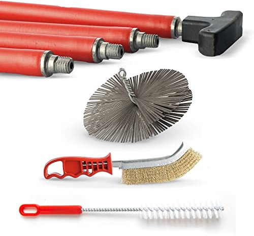 BARETTO Kit Pulizia Camino, Kit Pulizia Camino con Prolunghe di 10 Metri con Curvatura a 45°, Kit Pulizia Canna Fumaria con Scovolo in Acciaio (250 mm)