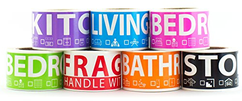 350 Home Moving Etiketten für 2 Schlafzimmer House. 50 Etiketten pro Zimmer, 7 farbig Label Rollen. Fragile Label enthalten. Für Umzugskartons, Moving Supplies, Kleiderschrank Boxen