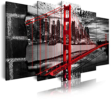 DekoArte 277 - Modernes Bild, digitalisierter Kunstdruck | Dekoratives Bild für den Salon oder das Schlafzimer | Stil Städte USA Golden Gate Bridge schwarz weiβ rot | 5 Teile 150 x 80 cm