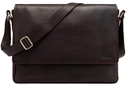 LEABAGS Borsa a Tracolla in Pelle per Uomo e Donna | Borsello Messenger con Tracolla | Borsa per Laptop in Vera Pelle fino a 15 Pollici | Borsa da Lavoro, Trasporto e Mano | Caffè Scuro