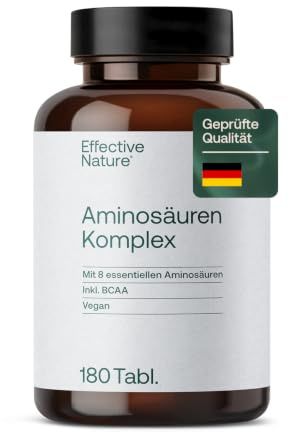 Effective Nature Aminosäuren Tabletten hochdosiert - mit BCAA, vegan | Mit allen 8 essentiellen Aminosäuren - 180 Stück - laborgeprüft, ohne Zusätze