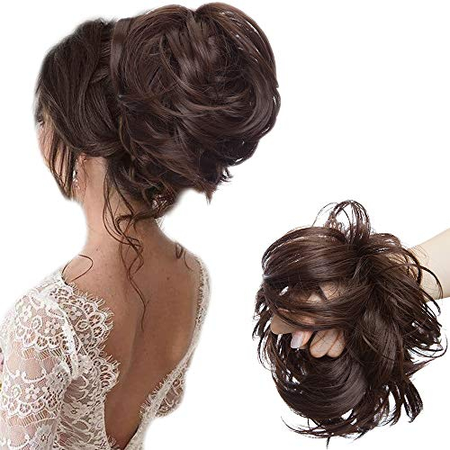 Large Updo Messy Bun Hair Extension Wavy With Elastic Rubber Band 80G Synthetic Thick Chignon Donut Ponytail Hairpiece For Women, Medium Brown