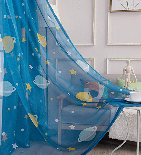 Lsimeru 2er Set Gardinen Kinderzimmer Junge Transparent Sterne Planet Muster 245x140 Blau Ösenvorhang Voile Vorhänge Durchsichtig Kinder Fensterschal für Schlafzimmer